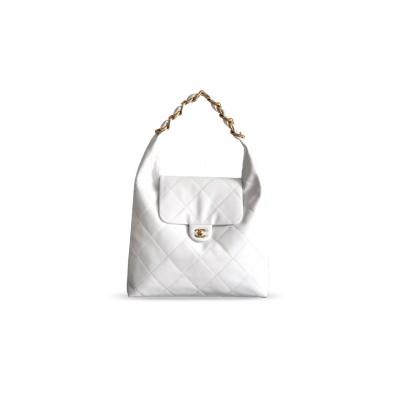 CHANEL LARGE HOBO BAG CALFSKIN & GOLD METAL WHITE 496583 (36*34*12cm)